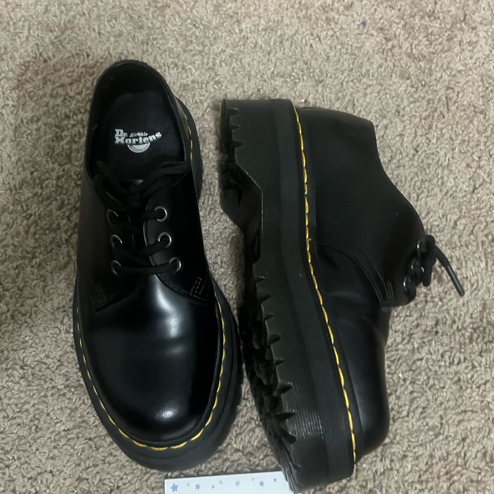 Dr. Martens 1461 Quad Black Leather Platform Shoes with Yellow Stitching